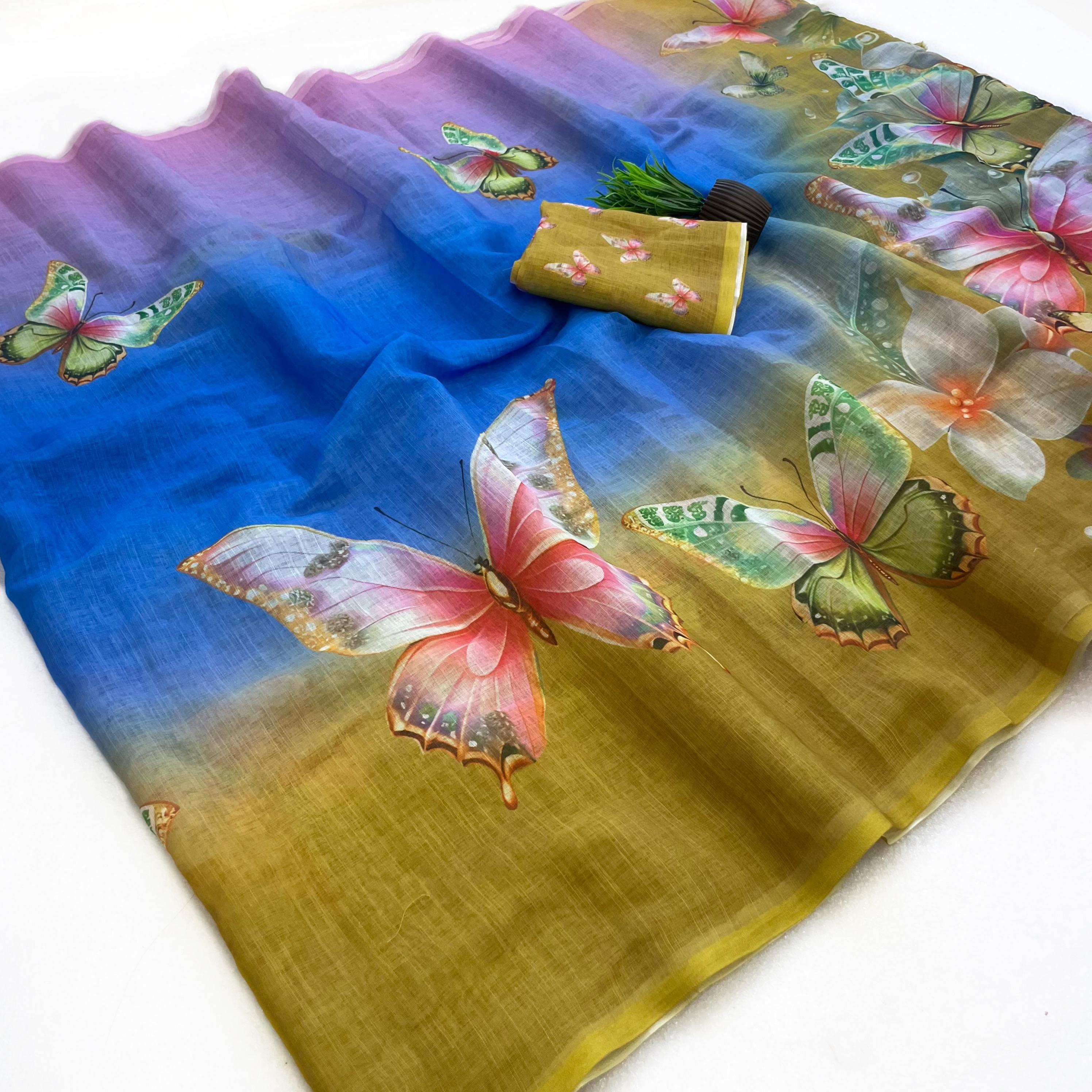 Butterfly Blossom Ombre Linen Saree